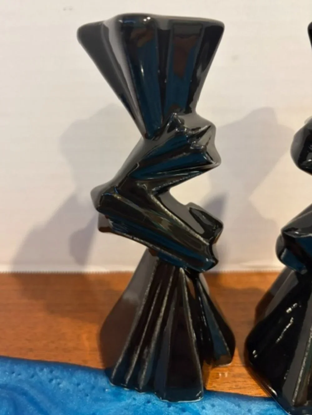 Pair of Black Art Deco Geometric Ceramic Candlestick Holders